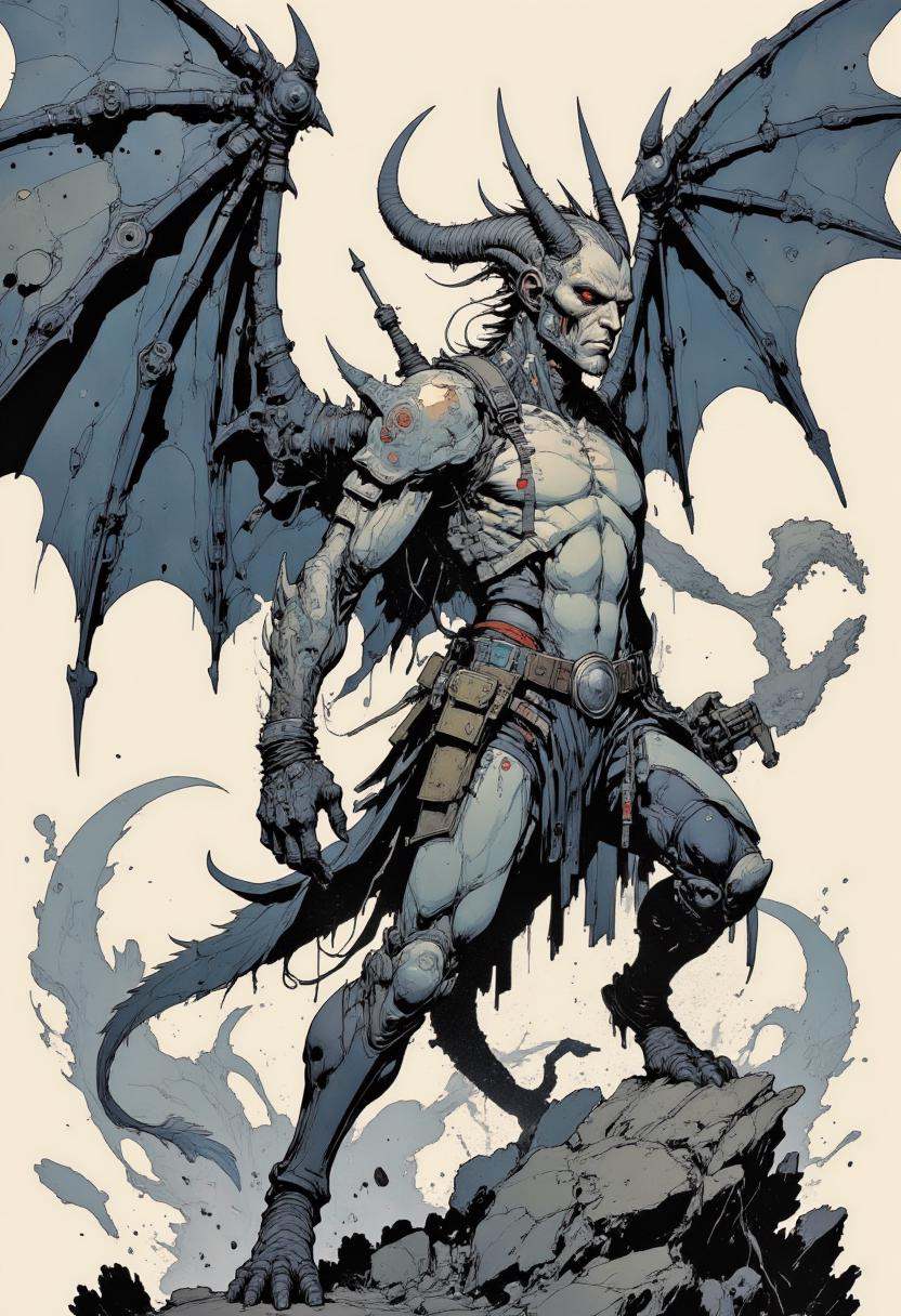 Mangaka style.cybernetic dragonborn,  dragon wings,  horns on Tensor.Art
