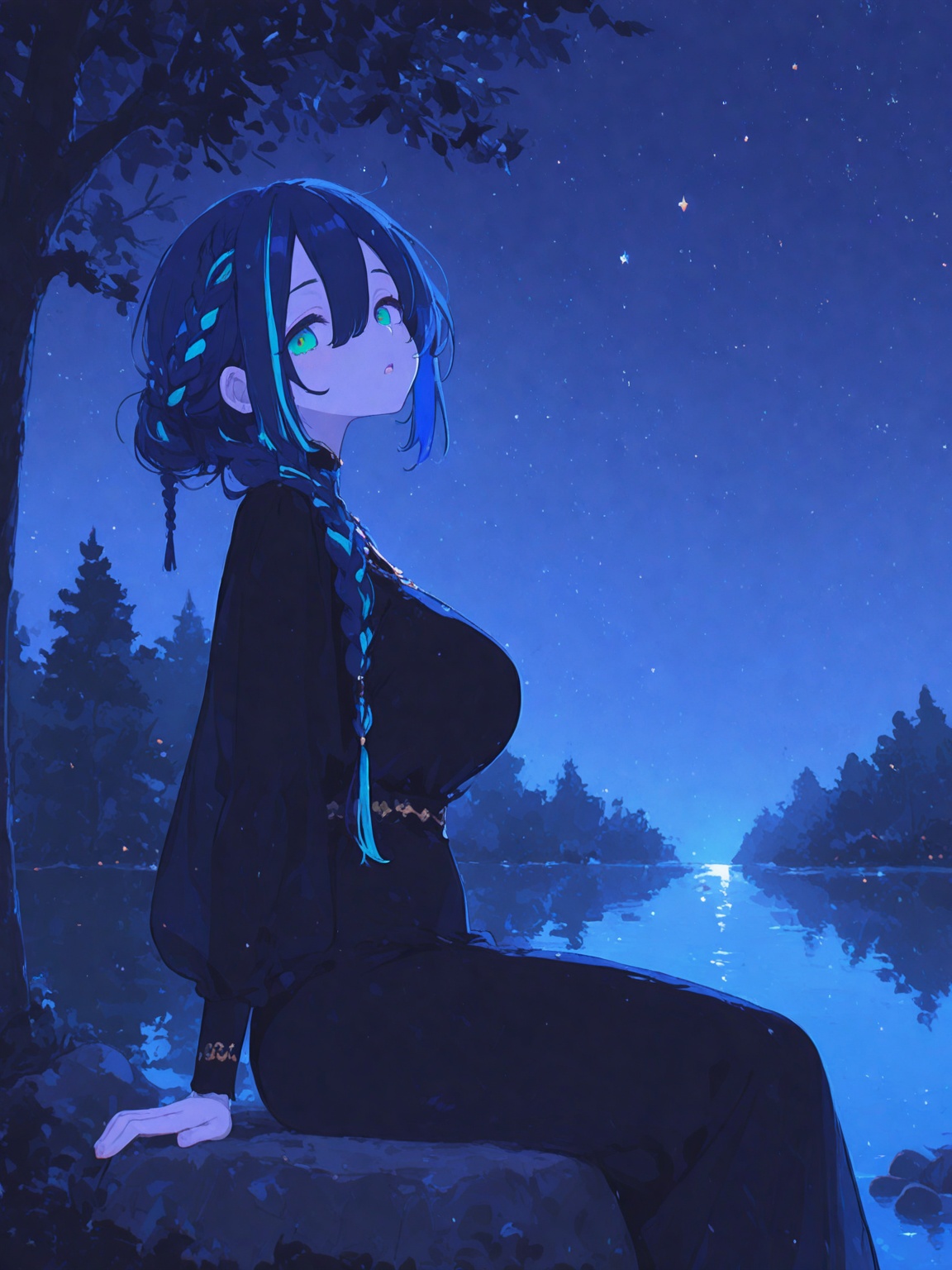 1girl, sitting, arm support, facing to the side, detailed background, ma1ma1helmes_b_illu, in the style of cksc, dappled light, dark, lake, tree, rock, night sky, moonlight, starry sky, aqua eyes, blue hair, braid, hair between eyes, streaked hair, mature female, large breasts, medium breasts, dress, looking at viewer, parted lips, vivid eyes, masterpiece, best quality, good quality,