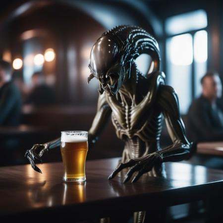 an alien,  full body,  having a beer in a pub on Tensor.Art