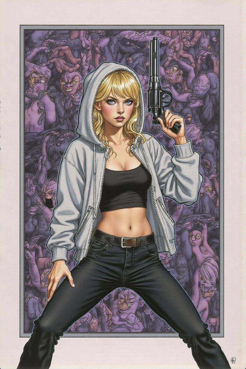 jole1 illustration.A young woman wearing a hooded,  grey sweatshirt that exposes her midriff and a black **** top undernea...