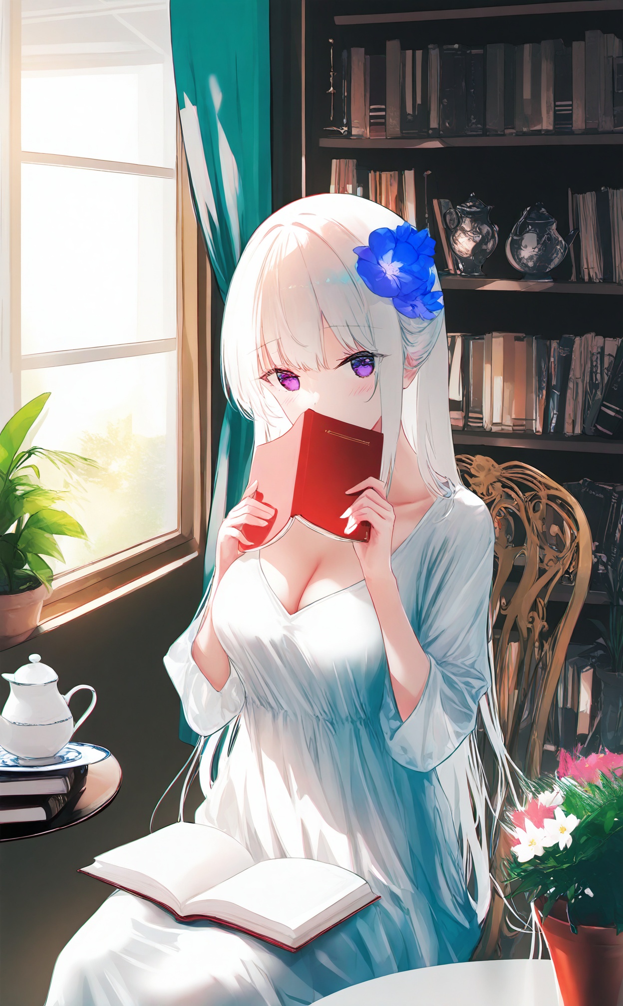 masterpiece,best quality,high quality,(colorful),[Artist chen bin],[Artist omone hokoma agm],Artist hiten (hitenkei),1girl, book, indoors, solo, cup, long hair, teacup, window, sitting, purple eyes, holding, blush, curtains, chair, looking at viewer, breasts, bookshelf, dress, cleavage, white dress, saucer, flower, plant, table, teapot, hair ornament, holding book, potted plant, tea, very long hair, white hair, open book, medium breasts, book stack, white shirt, hair flower, sunlight, collarbone, sidelocks, shirt, covering own mouth, day