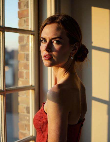 woman Professional Photography,  Light Refractions,  Standing By A Large Window on Tensor.Art
