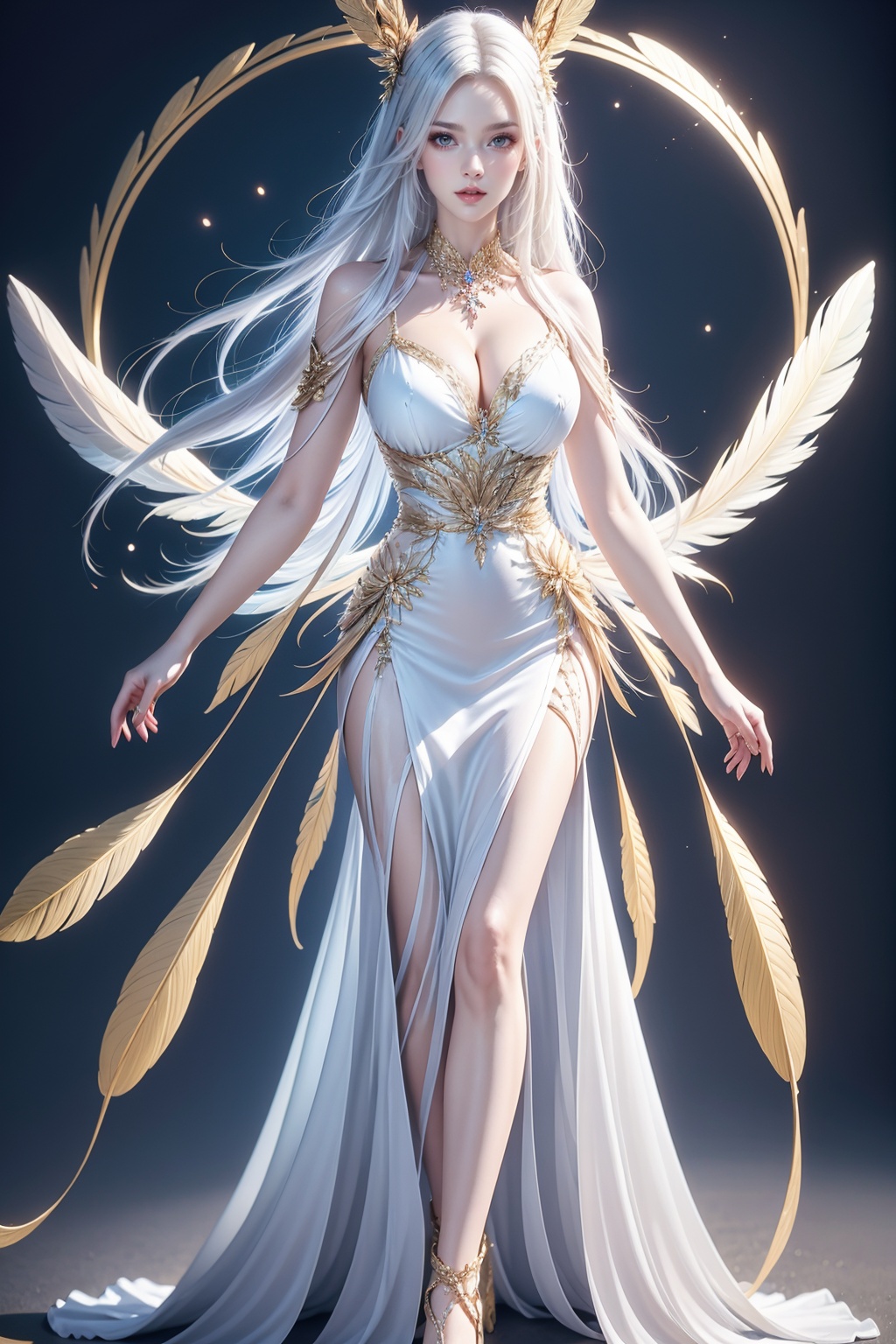 1girl, solo, long hair, jewelry, necklace, breasts, dress, parted lips, looking at viewer, feathers, cleavage, dress, pale skin, white hair, full body, simple background,<lora:AgainHandFix_v1:0.1>