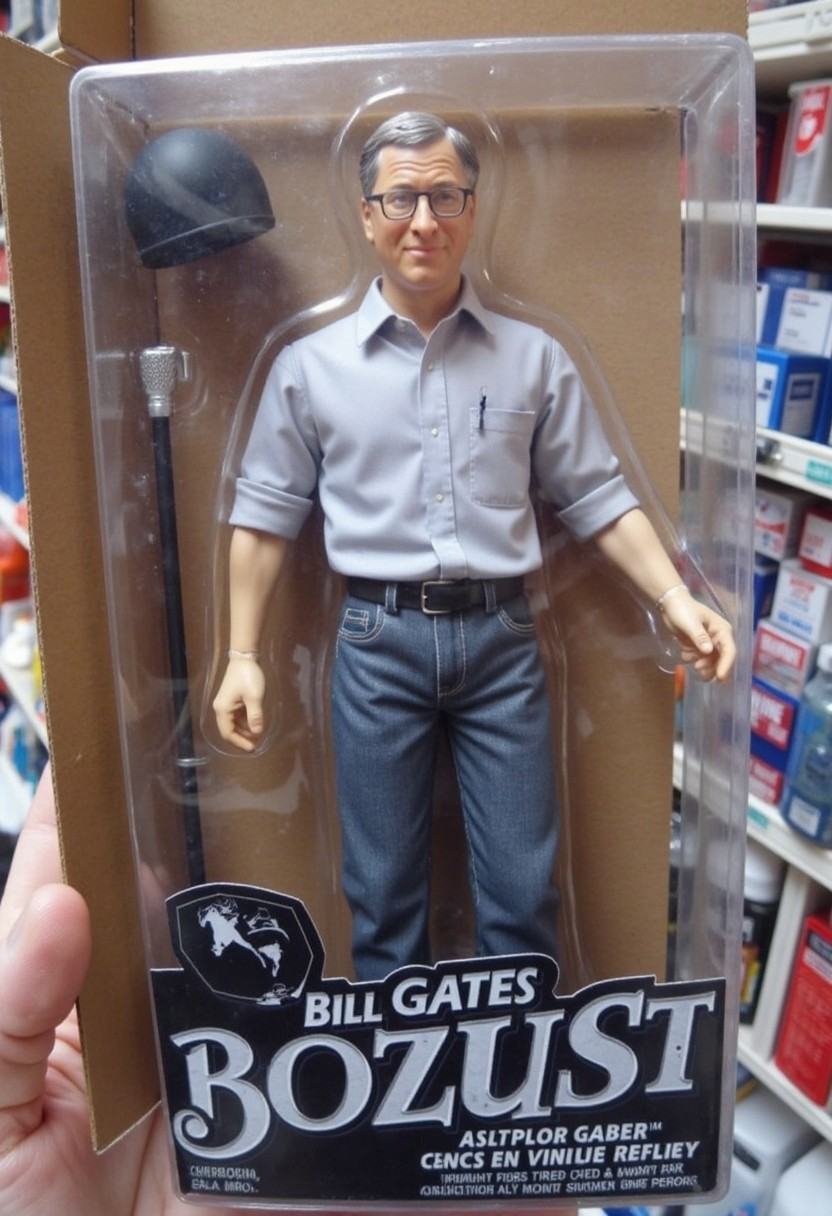 The image is a photograph of a packaged action figure of Bill Gates on Tensor.Art