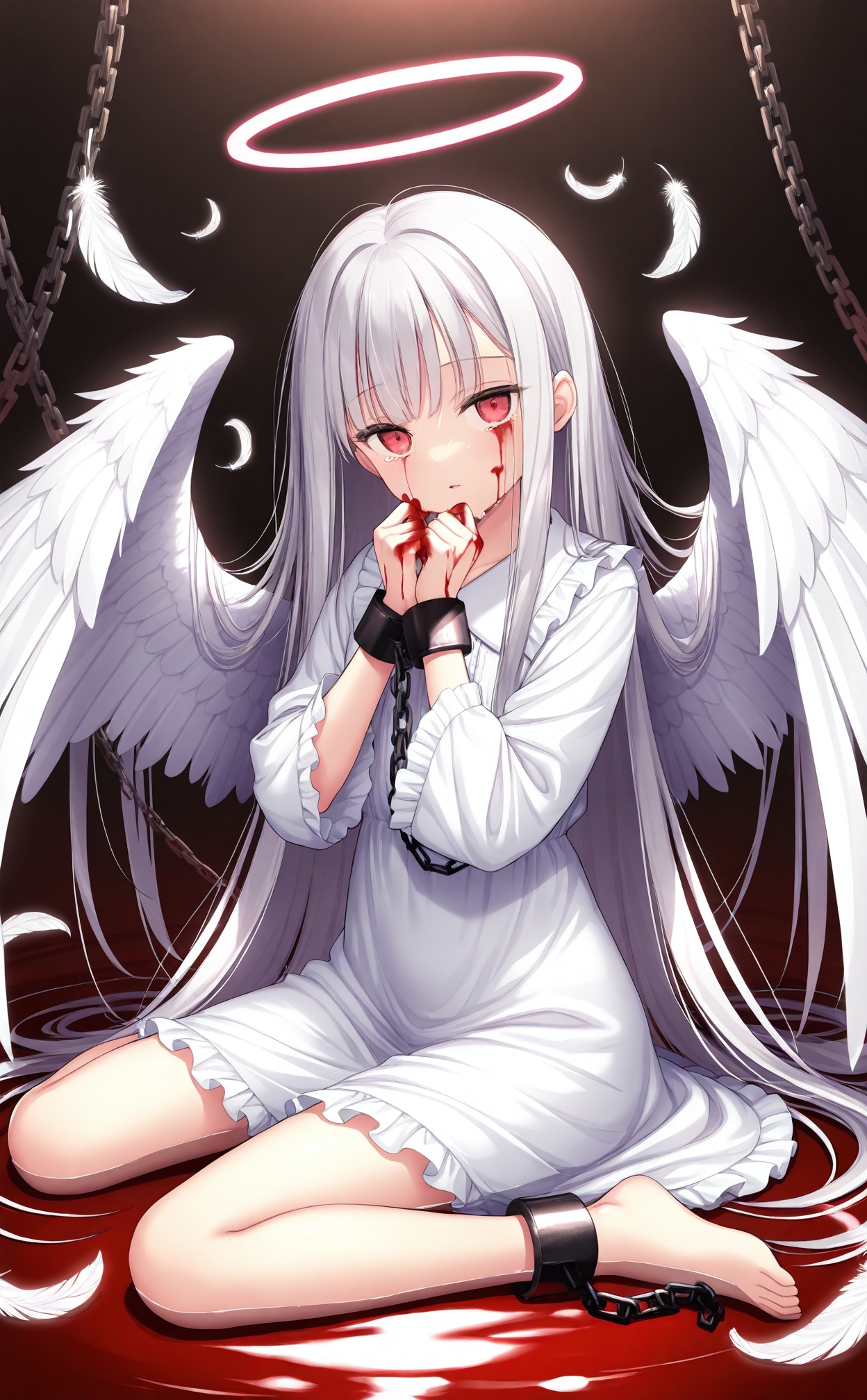 masterpiece,best quality,high quality,loli,1girl,solo,wings,blood,long hair,sitting,chain,red eyes,blood on hands,feathered wings,barefoot,blood on face,blood from eyes,dress,long sleeves,cuffs,feathers,frills,looking at viewer,very long hair,white wings,bandages,shackles,bangs,