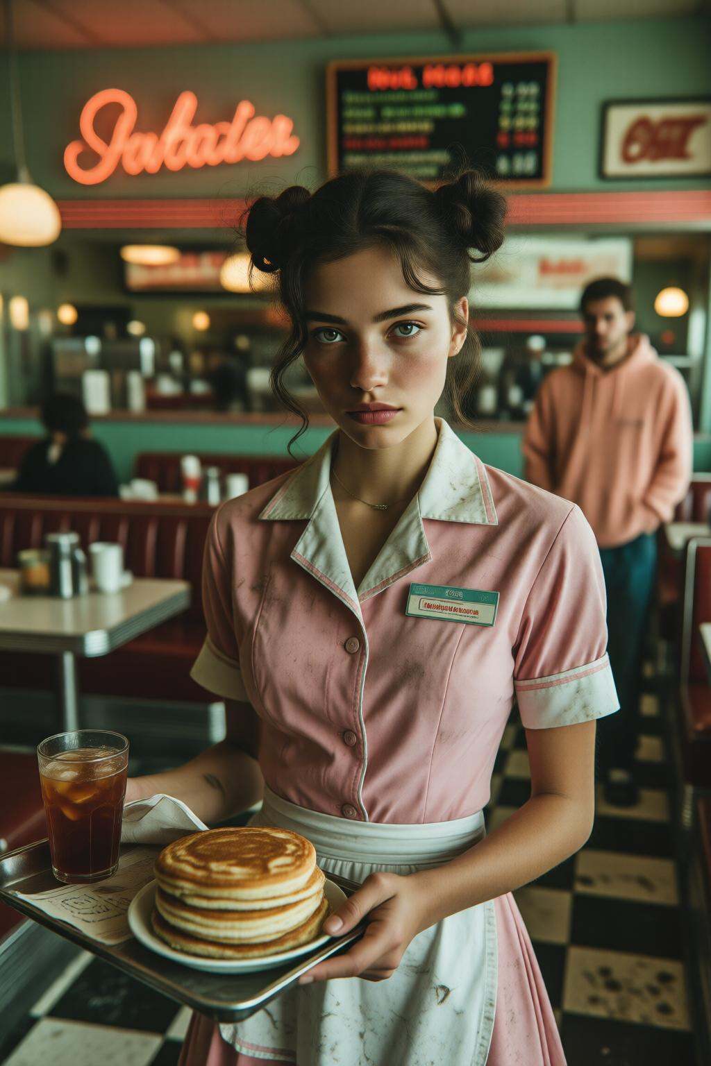 midjourneymix10q photograph.In the foreground of a dilapidated diner stands a young American woman,  her hair style into t...