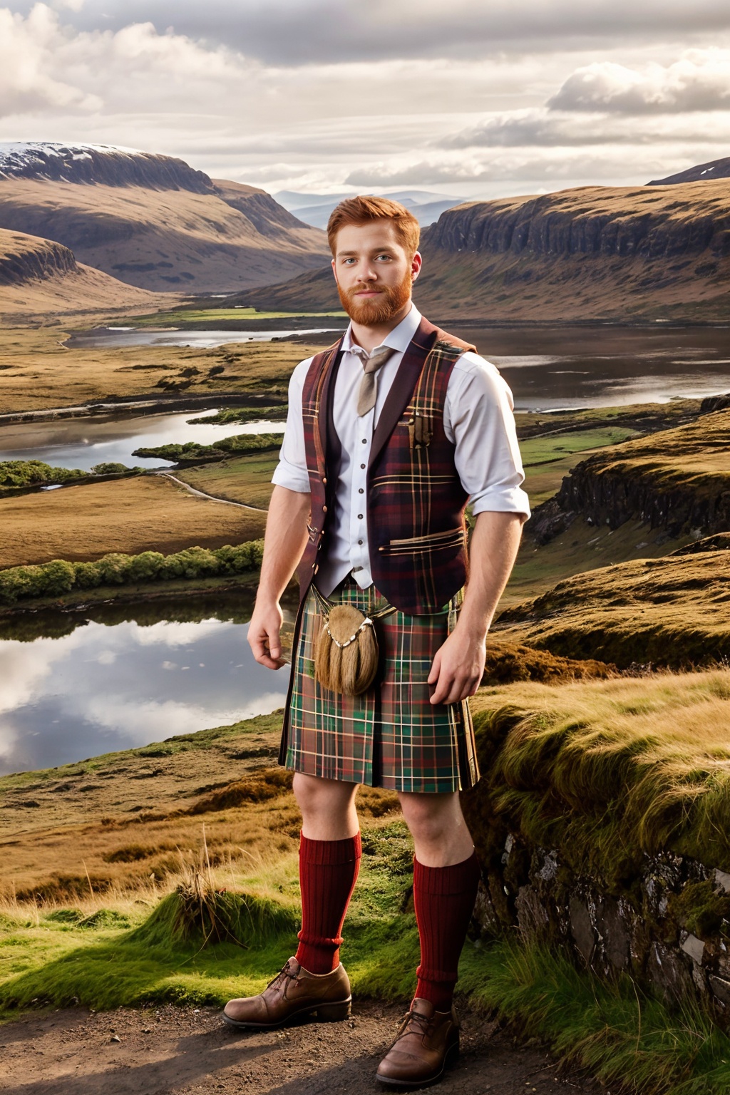 standing on a hill in the Scottish Highlands,  a valley with a loch below in the background,  ginger hair on Tensor.Art