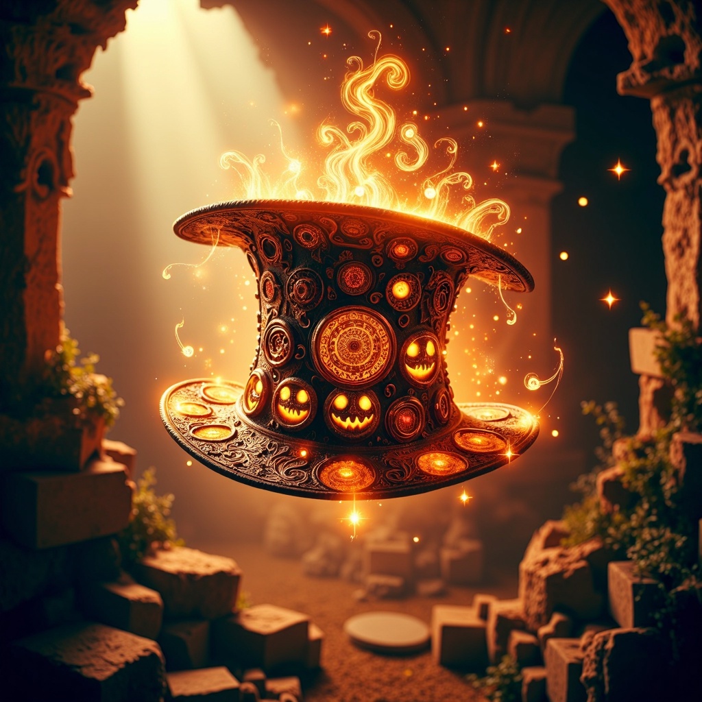 HalloweenGlowStyle A detailed,  ornate top hat,  overflowing with glowing on Tensor.Art