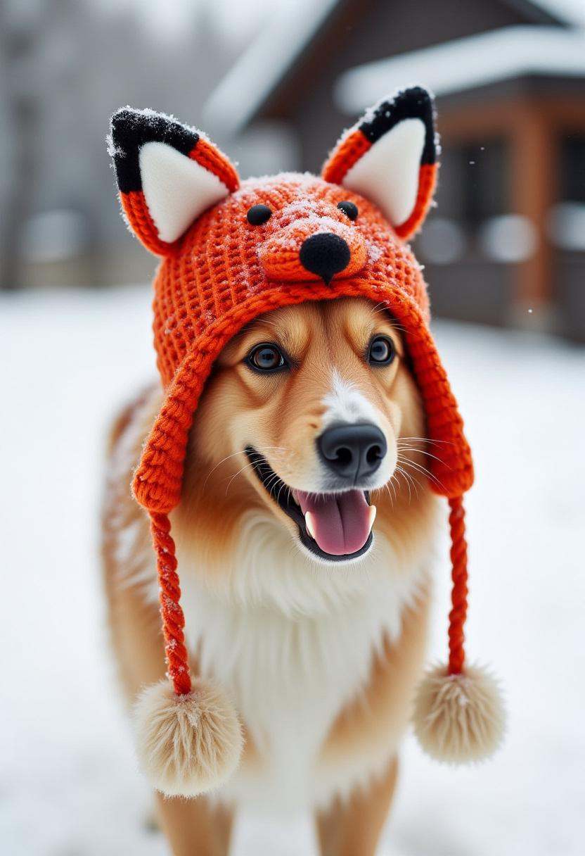 The image is a photograph featuring a dog in a snowy environment. It is wearing a whimsical,  hand-knitted hat designed to...