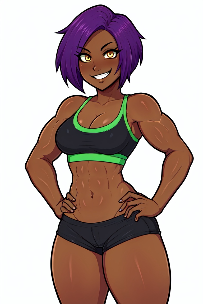 flexing,  muscular female,  purple hair on Tensor.Art