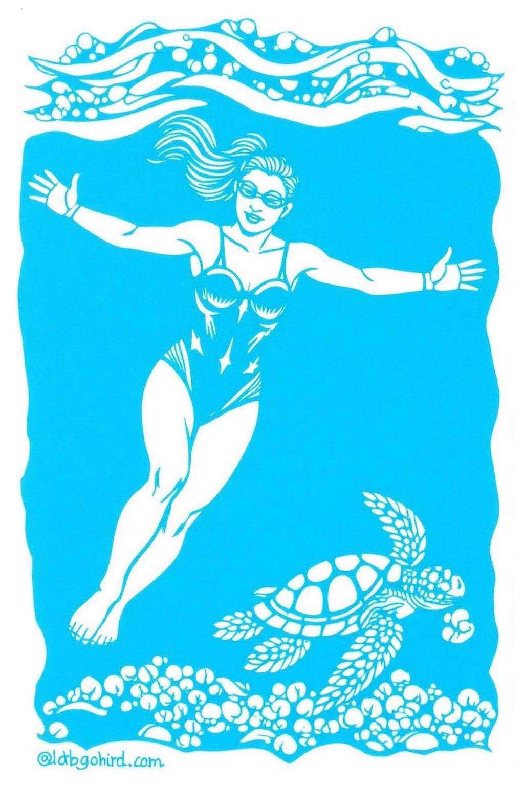 papercut art.a woman swimming underwater. The woman is wearing a one piece swimsuit,  and she is wearing goggles on her ey...