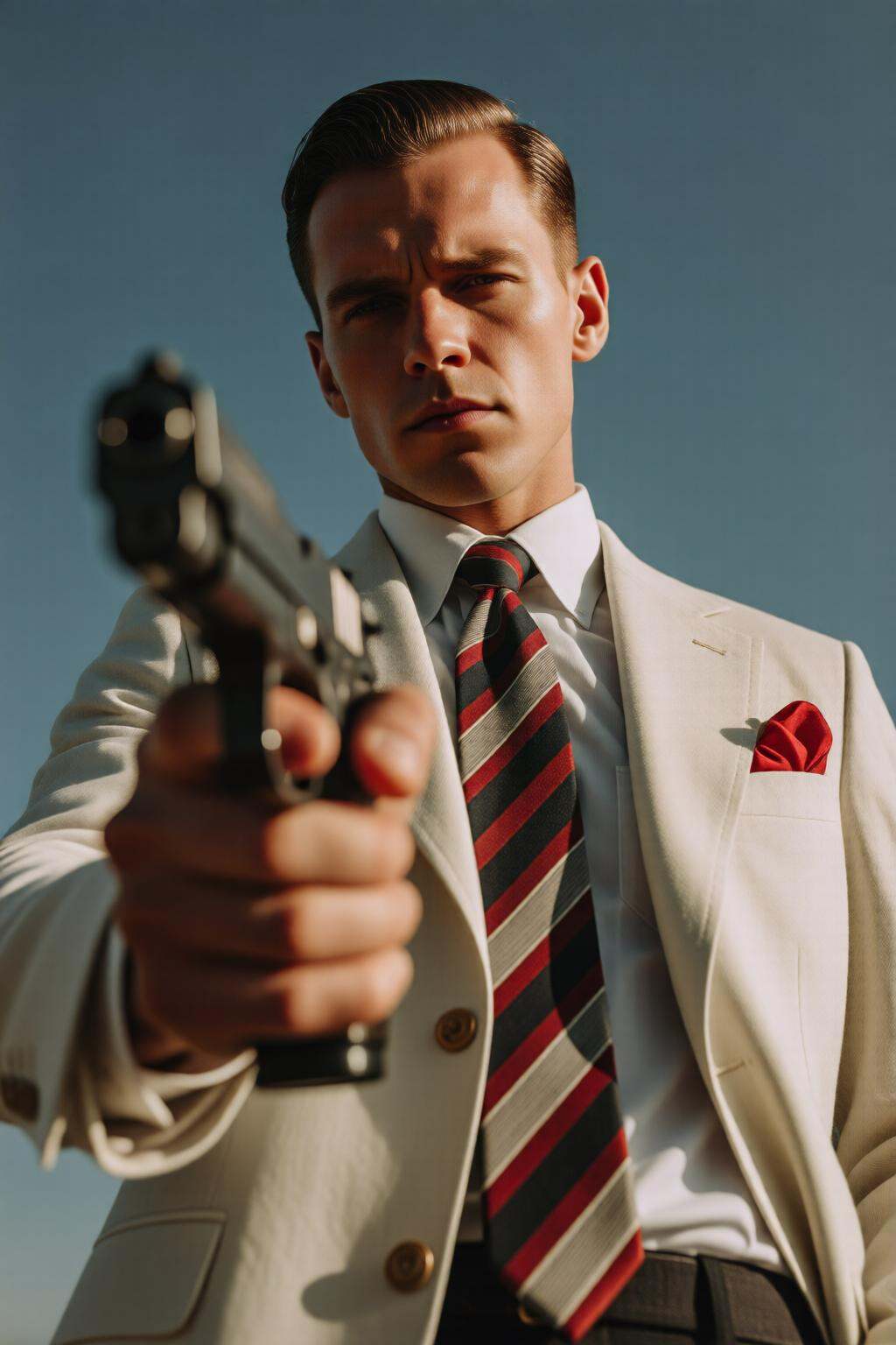 midjourneylowangle11q Low angle shot. A man with slick back hair,  holding a gun. He is dressed in a formal suit with a wh...