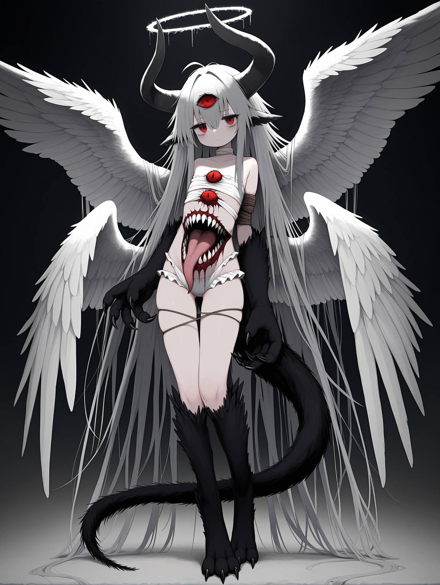 hane \(azelye\),(henriiku \(ahemaru\):1.1),(unitedunti:1.1),(reverinth:1.2), 1girl, angel, angel wings, animal ears, animal hands, bound, bound arms, claws, extra eyes, extra mouth, fallen angel, feathered wings, halo, horns, long hair, looking at viewer, monster girl, multiple wings, seraph, simple background, solo, tail, third eye, very long hair, wings,masterpiece,best quality,amazing quality,