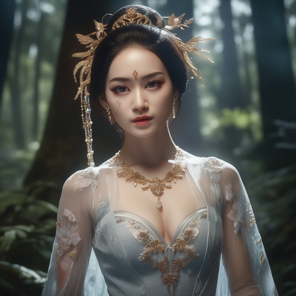 <lora:831-DA-XL-国风E:0.8>, (,1girl, ,best quality, ),,  ,ultra realistic 8k cg,(masterpiece:1.2),(best quality:1.2),(ultra detailed:1.2),(official art:1.3),(beauty and aesthetics:0.8),detailed,(intricate:0.8),(highly detailed),(solo),delicate countenance,1girl,fancy,(glassy texture:1.2),(crush:1.2),8k,accessory,tattoo,(transparent:1.1),gown,energy encirclement,instant,in the twinkling of an eye,upper body,woman in a mythical forest, masterpiece, perfect face, intricate details, horror theme, raw photo, photo unp(cleavage),, ,