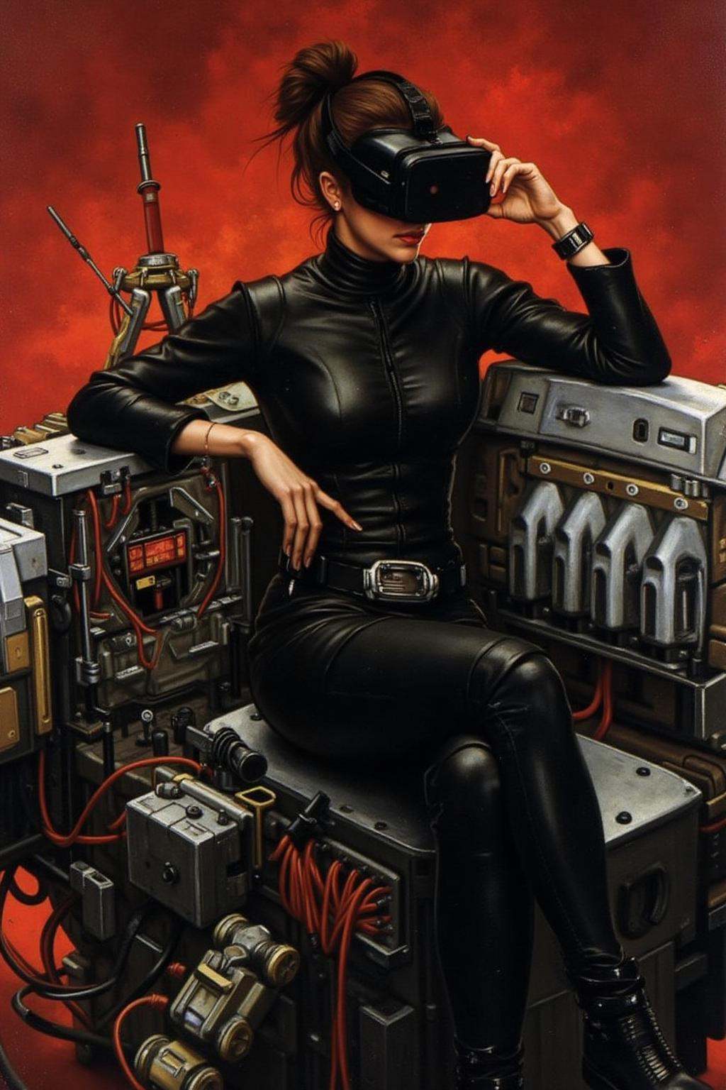 jati1 paintingA striking,  futuristic scene depicts a woman dressed in sleek,  form-fitting leather attire on Tensor.Art