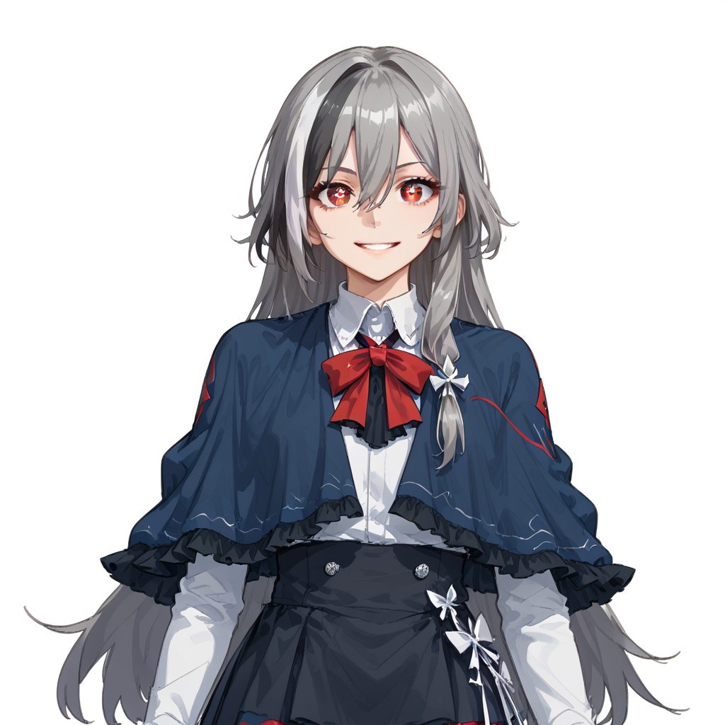 (white background:1.2),looking at viewer,(SOLO:1.4),outline,simple background,upper body, cowboy shot,looking at viewer,(((arms at side))),  fu hua,senti, long hair, bangs, hair ornament, red eyes, hair between eyes, smile, multicolored hair, streaked hair, white hair, gray hair, yellow pupils, diamond shaped pupils，pleated skirt,high heels,capelet,skirt,long sleeves,bow,black skirt,<lora:6周年—senti:0.8>