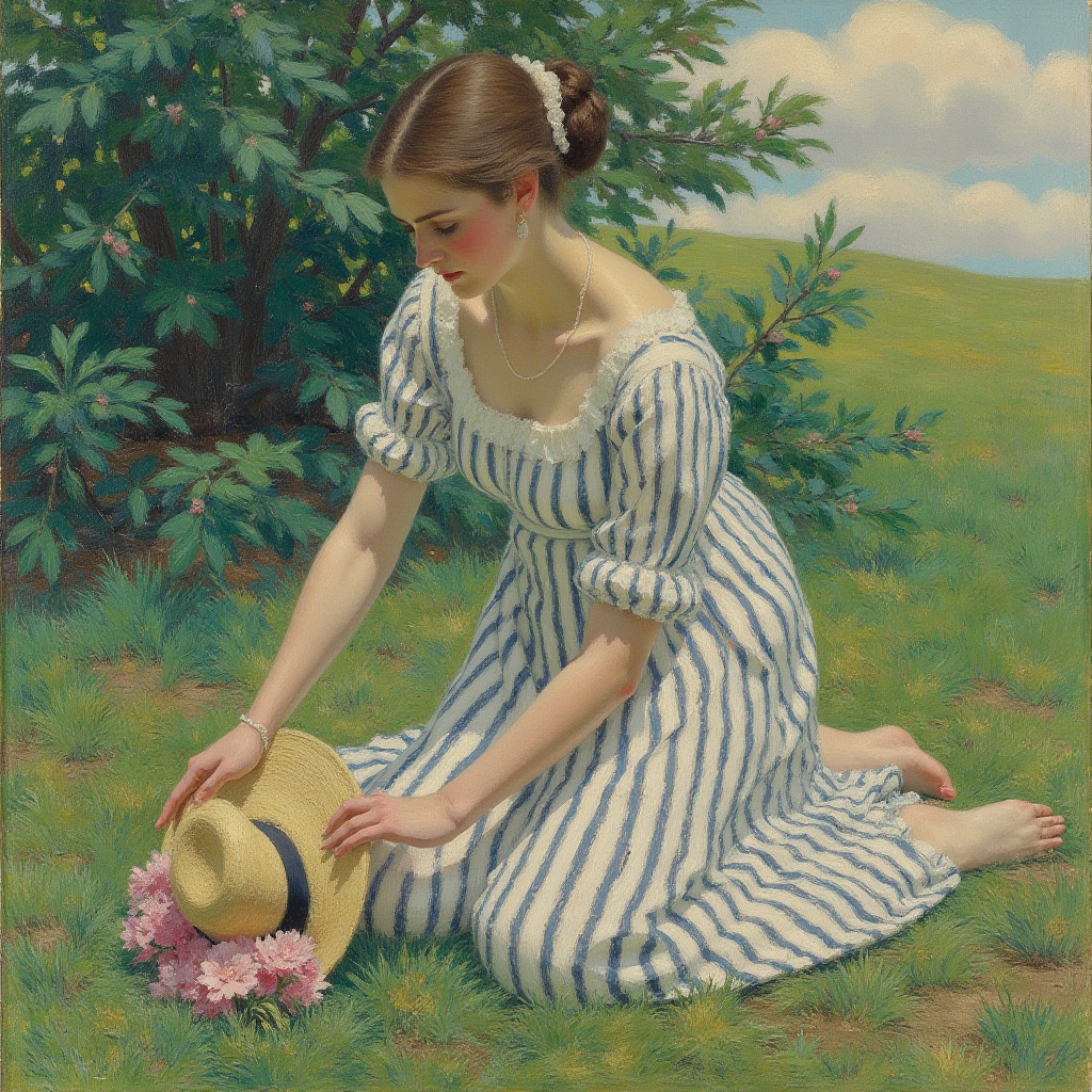 This is an impressionist painting by EdwardCucuel depicting a young woman with fair skin and brown hair in a bun wearing a...