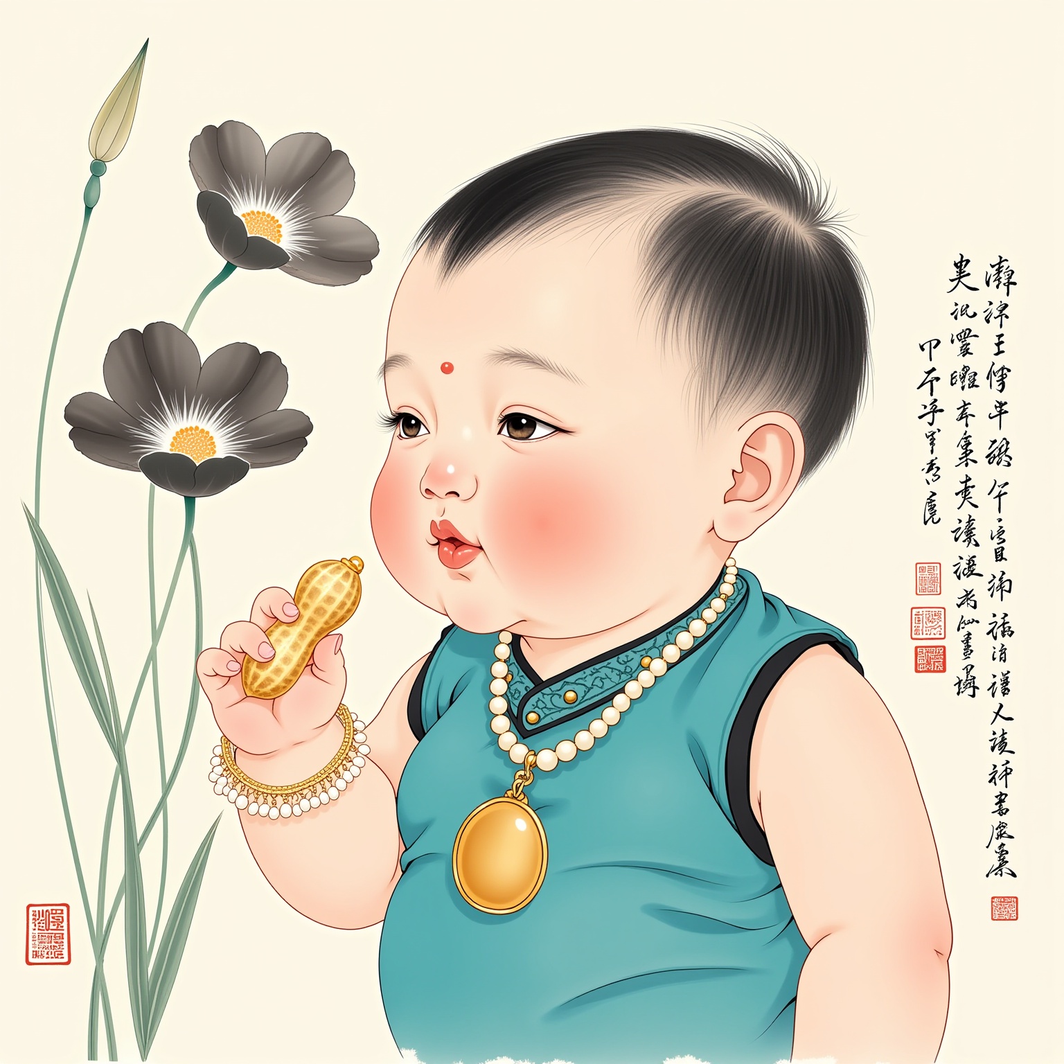 This is a highly detailed, traditional Chinese ink drawing of a chubby baby boy with delicate, expressive features. The baby, positioned slightly to the right, is portrayed in profile, facing the viewer. He has short, dark hair and a round, rosy complexion. The baby is holding a small, beige-colored peanut in his right hand and is about to place it into his mouth. His eyes are half-closed, and he has a gentle, serene expression. The baby is adorned with a turquoise blue, sleeveless top with a high collar, and a golden necklace with a large pendant. He also wears a pearl bracelet on his left wrist. The background features a series of stylized, large, dark flowers with white centers, creating a delicate, abstract pattern. The flowers are outlined with fine black ink and have a soft, misty quality. The background is a light, neutral color, enhancing the contrast with the baby's vibrant blue clothing and the dark flowers. The artwork is framed by traditional Chinese calligraphy in red ink, adding a touch of authenticity and elegance. The overall style is soft, fluid, and graceful, with a traditional Chinese aesthetic.<lora:水墨风-10:1>