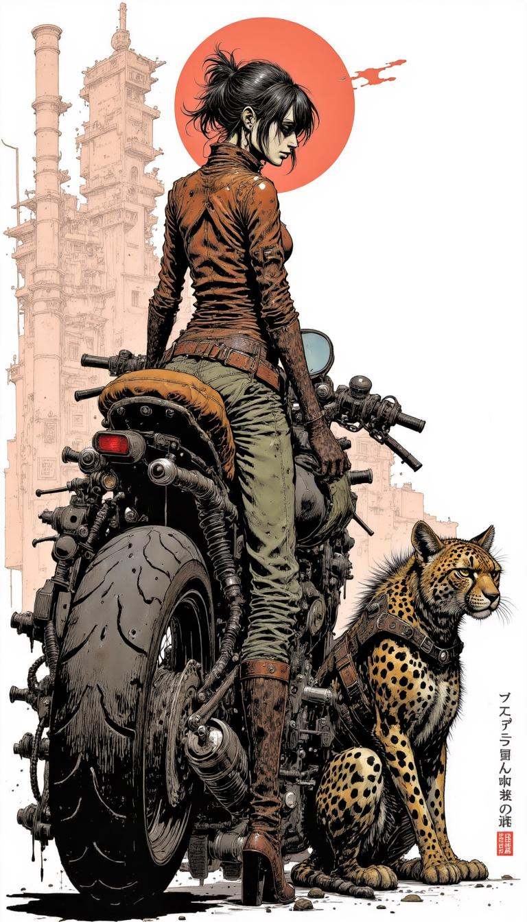 A digital illustration of a woman on her motorcycle with her cheetah. Apocalyptic atmosphere. Mangaka style. on Tensor.Art