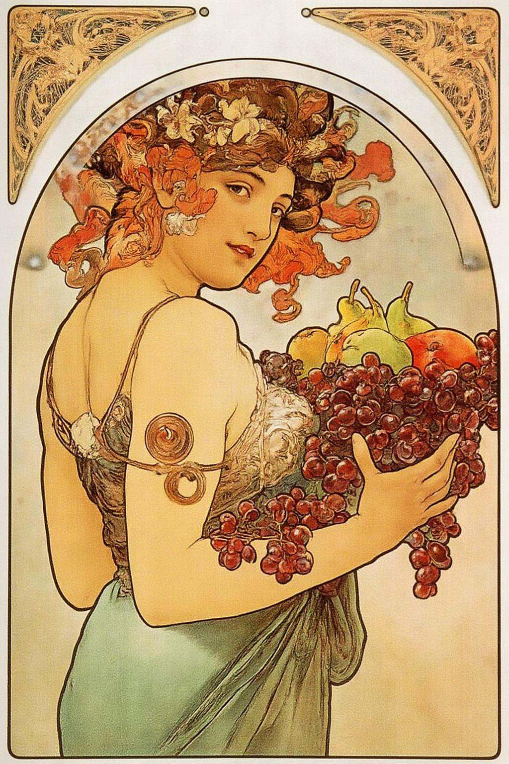 mucha1 illustration. A woman,  turning her head,  looking back. She is depicted with a stylized on Tensor.Art