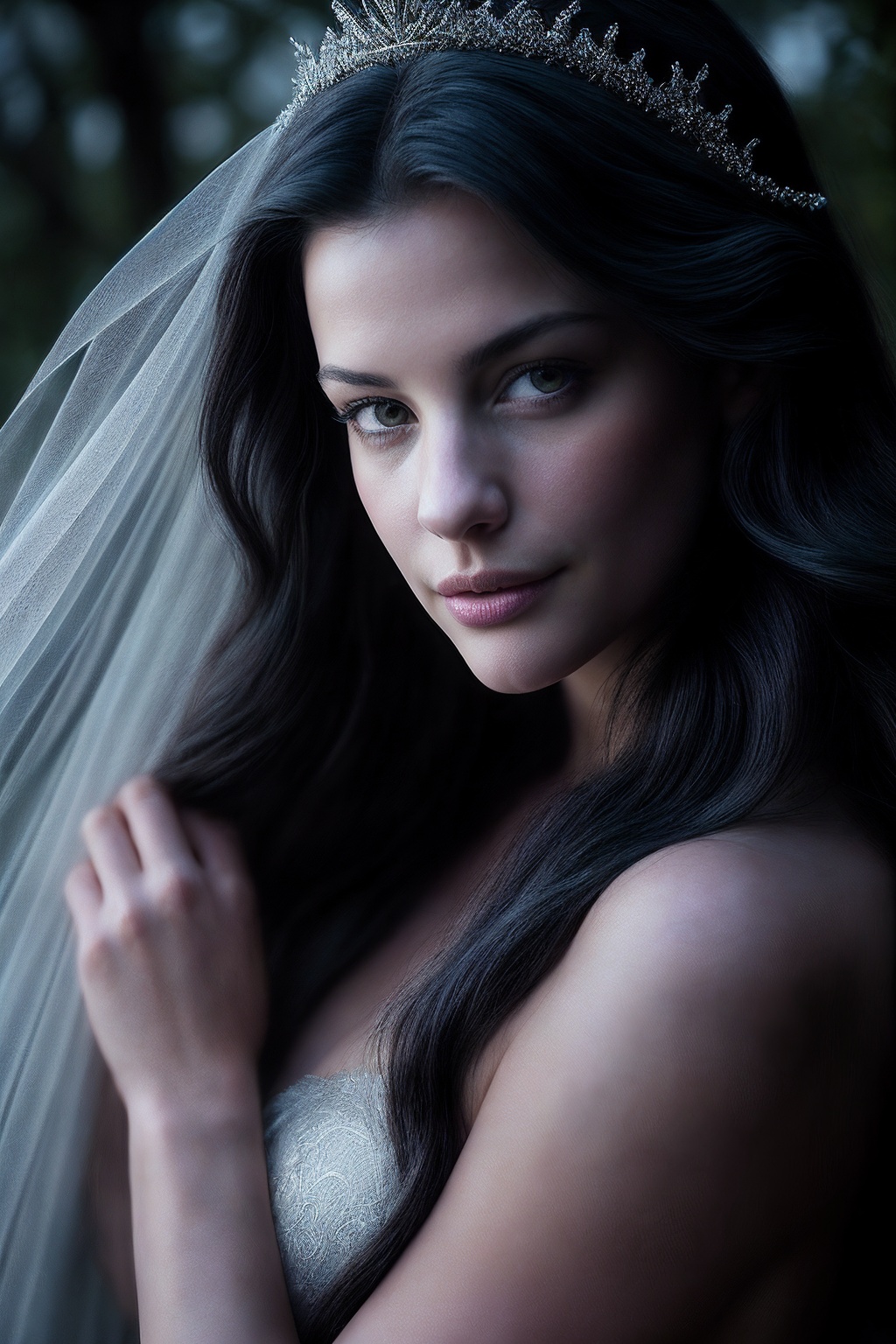 LivT_SoloTI_v1,  (In an ethereal silver gown with intricate embroidery,  her long on Tensor.Art
