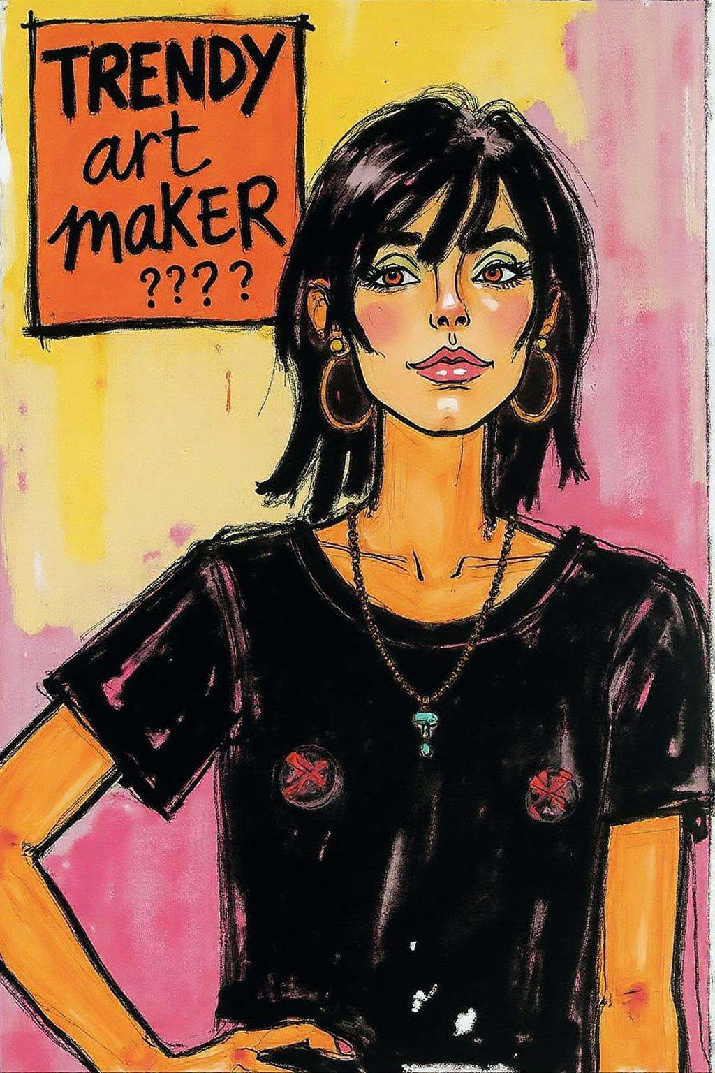 hugop1 illustration. A vibrant,  abstract painting of a female figure,  wearing a black t-shirt. The grunge style blends w...