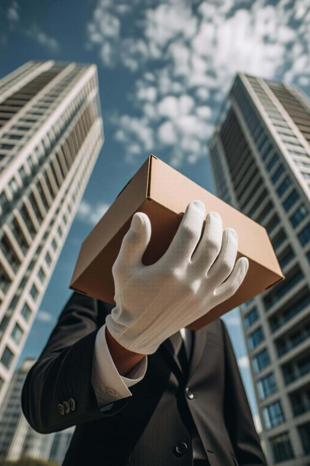midjourneylowangle11q Low angle shot. A man dressed in a formal suit is holding a cardboard box with white gloves. The bac...
