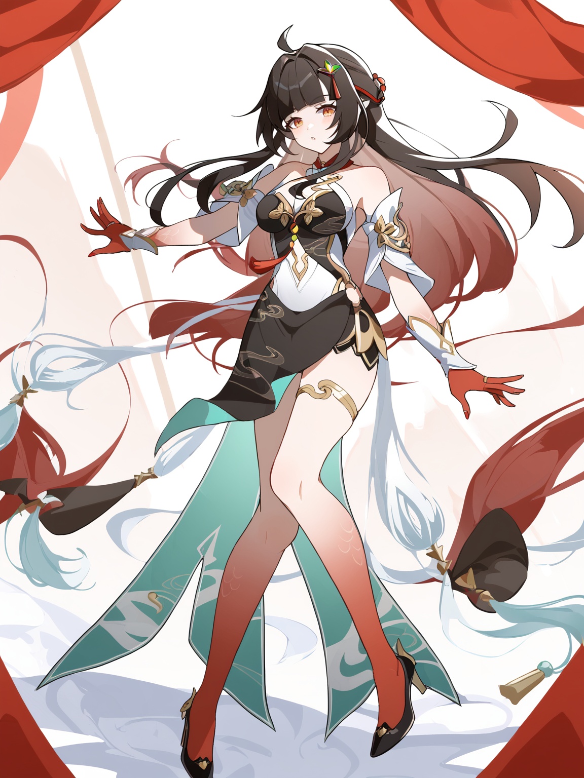 score_9, score_8_up, score_7_up, score_anime, BREAKlingsha, default clothes, red hands, red feet, 1girl, long hair, black hair, breasts, ahoge, high heels, cowboy shot, BREAKTEST, <lora:lingsha-pony-Tanger-000018:0.8>, masterpiece, best quality, 