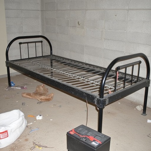 Bare iron bed,  in a basement room with unpainted concrete block walls,  garbage on the floor on Tensor.Art