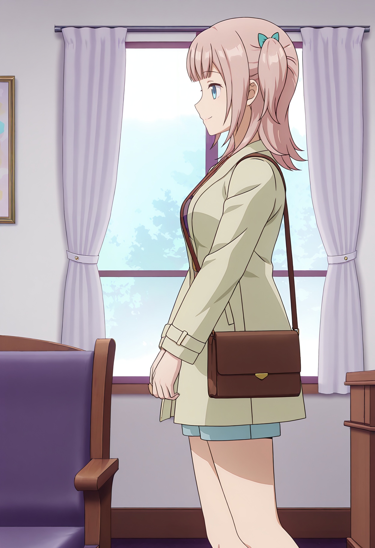 <lora:Moeha FUJIWARA_illustrious-000058:1>,1girl,solo,Moeha FUJIWARA, solo, smile, bag, curtains, indoors, window, coat, shorts, profile, from side, anime screencap