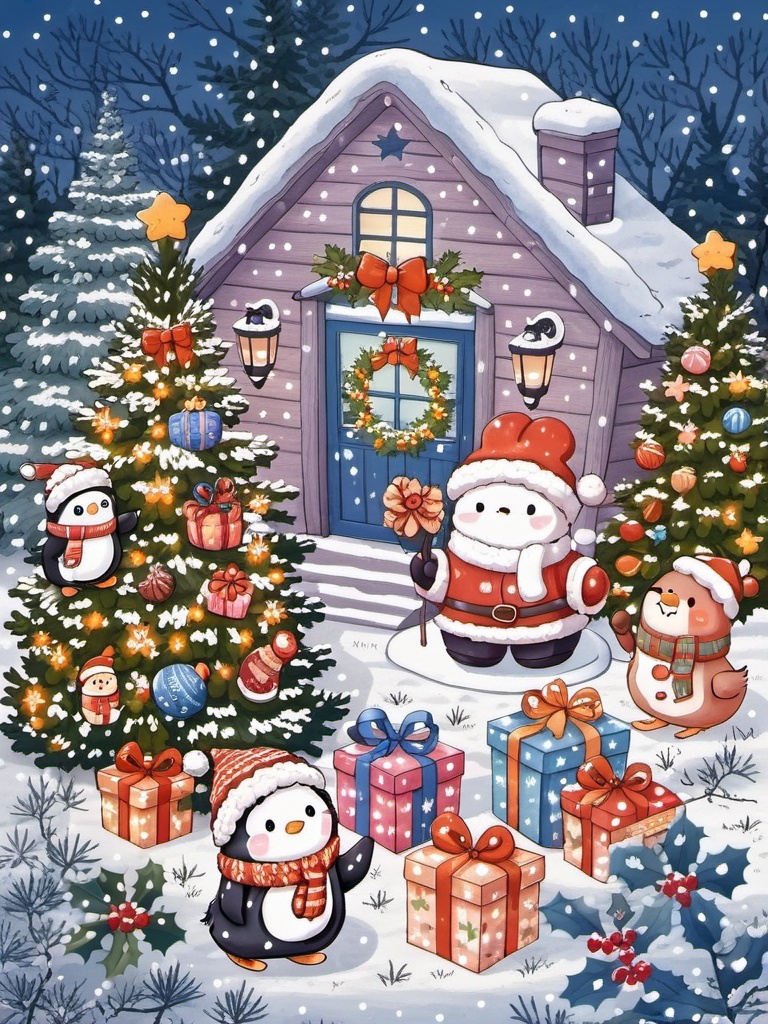 tuzi,A colorful, whimsical Christmas scene features adorable, human-like penguins and reindeer in festive gear, surrounded by a snow-covered yard and a charming wooden house decked out with wreaths and lanterns. A lush, snow-dusted Christmas tree stands proudly on the left, while a bunch of wrapped gifts and a cozy fireplace add to the holiday cheer. The sky is a dark blue with falling snowflakes, setting the stage for a magical winter wonderland.,<lora:tuzi_v1:0.8>