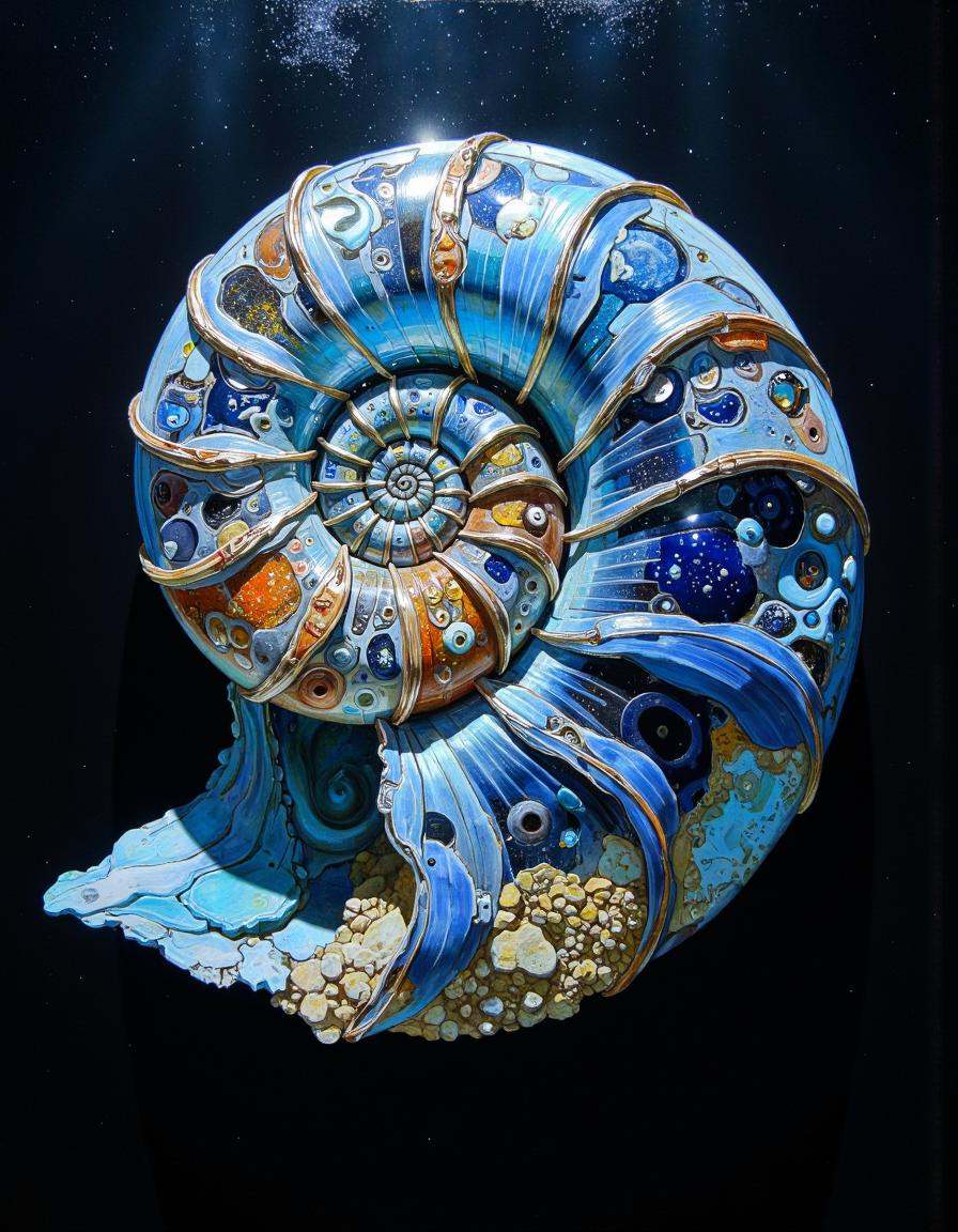 A photo of Eldritch Nautilus with californium and ambre floating underwater at night,  wireframe,  transparency on Tensor.Art