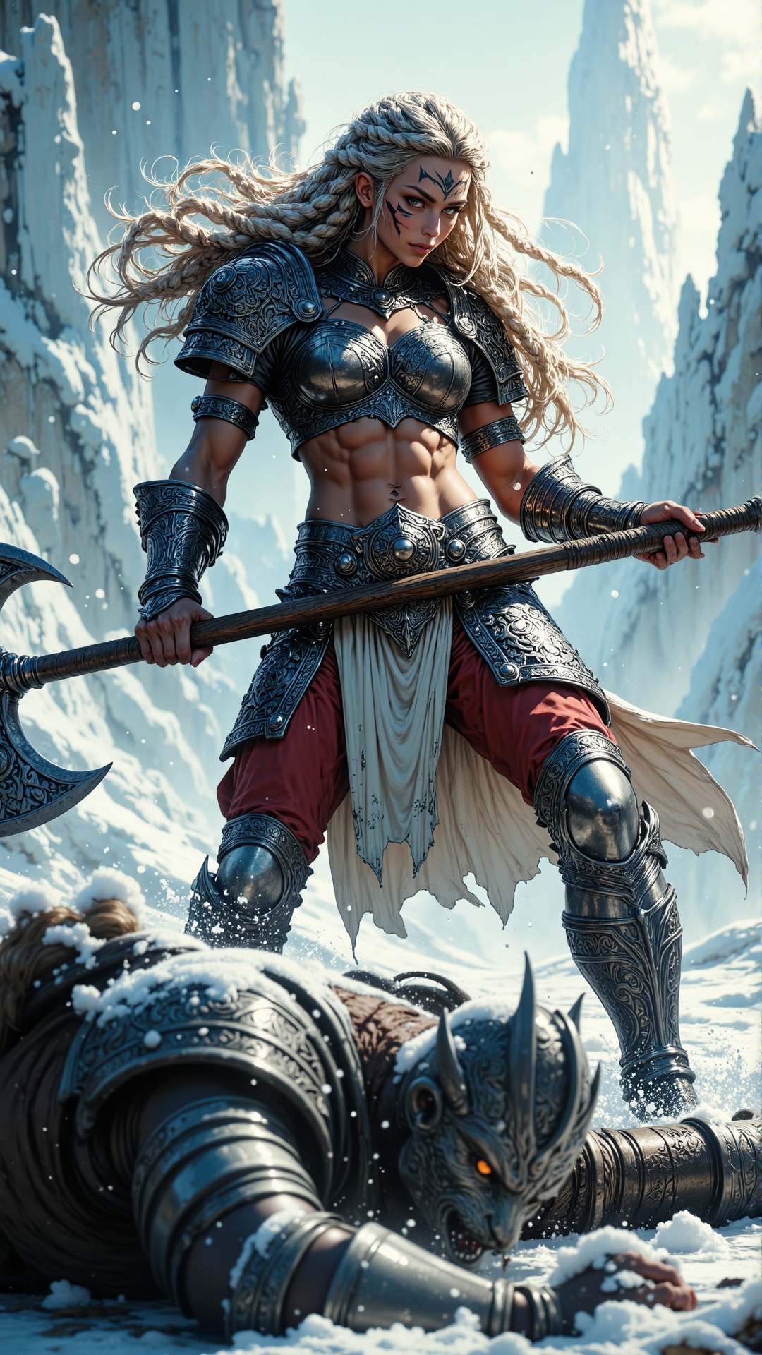 A powerful,  sexy female warrior stands victorious in a dynamic battle pose,  captured mid-action as she defeats a formida...