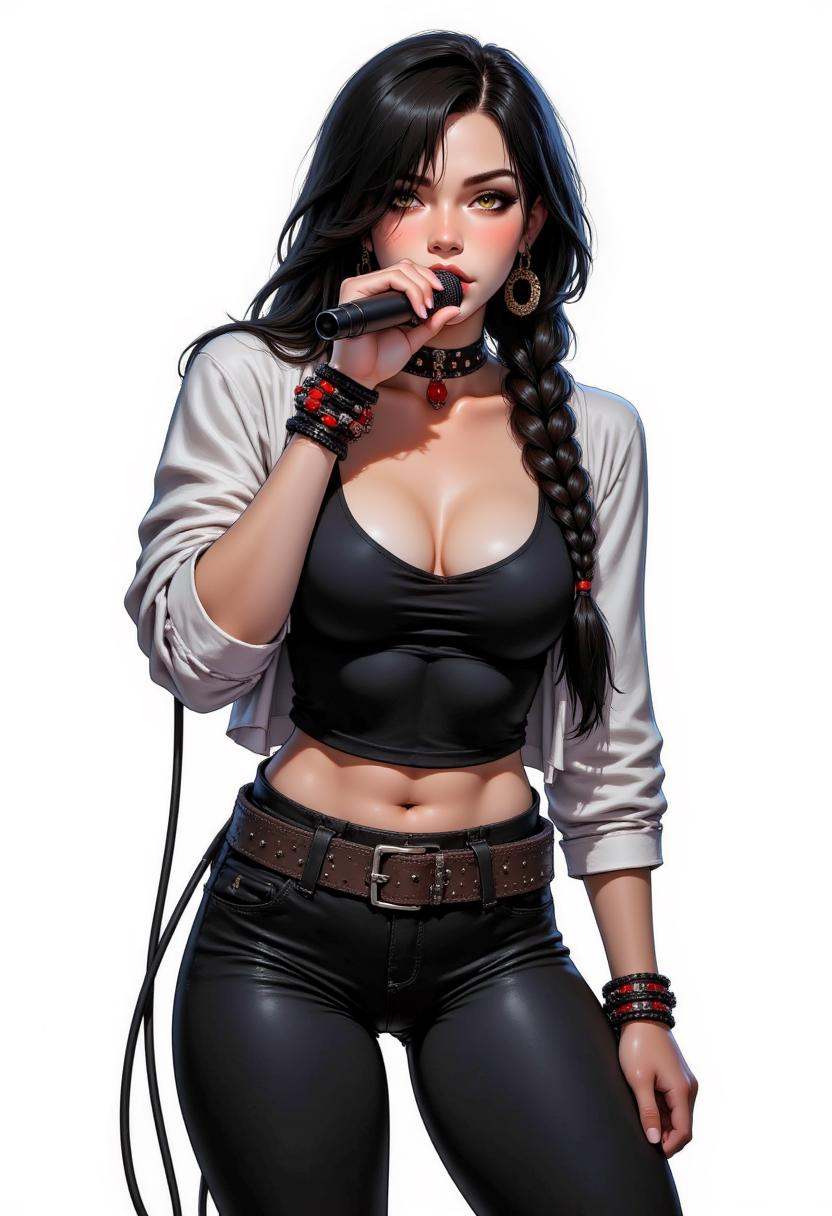 This is a highly detailed digital illustration in a comic book style,  featuring a young woman in a dynamic pose,  singing...