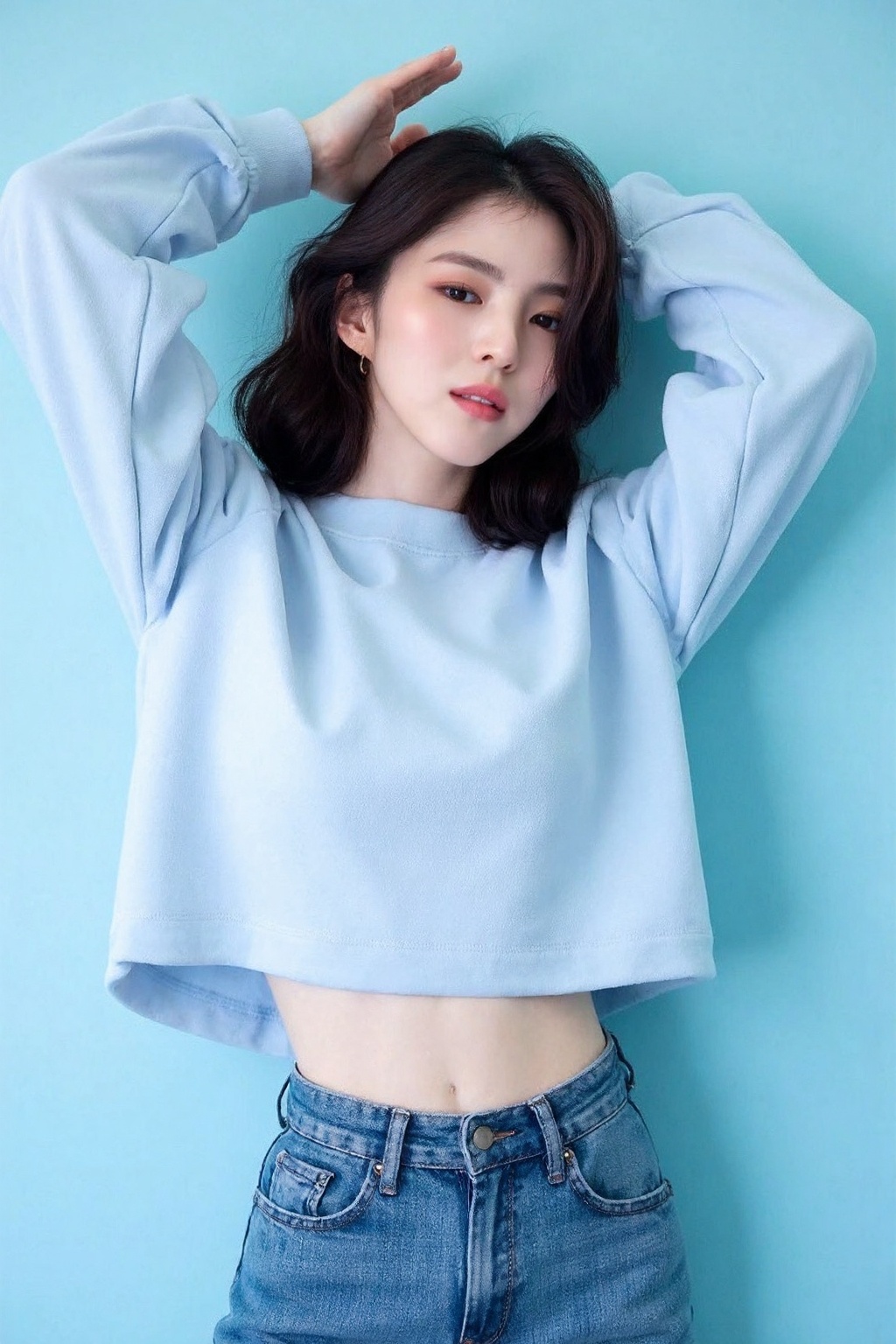 beautiful korean woman posing confidently in front of a light blue background. She is wearing a stylish,  casual outfit th...