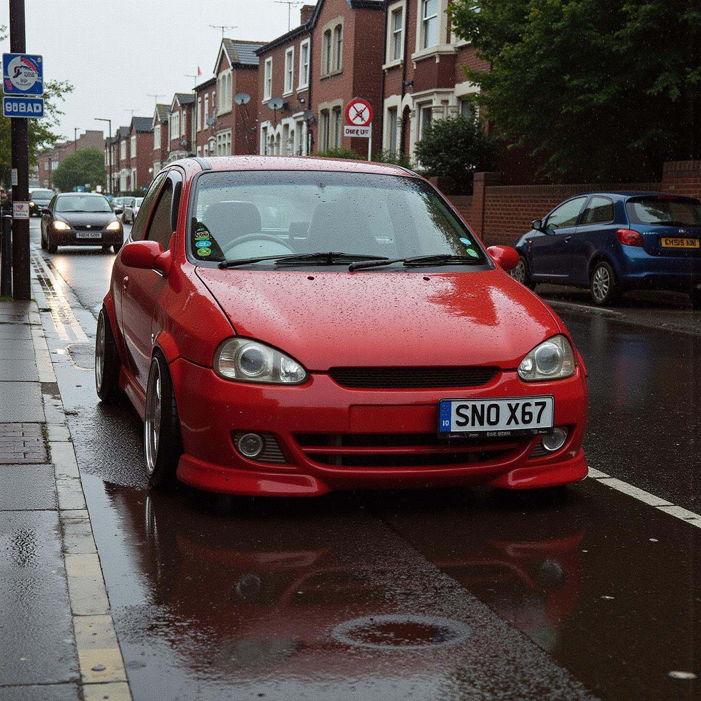 an expired film photograph of a modified corsa in the rain on a UK street,  puddles,  light streaks on Tensor.Art
