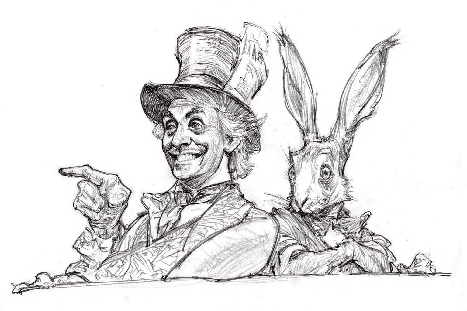 pencil sketch.Closeup of the Mad Hatter and the White Rabbit from Alice in Wonderland. On the left is the Mad Hatter,  wea...