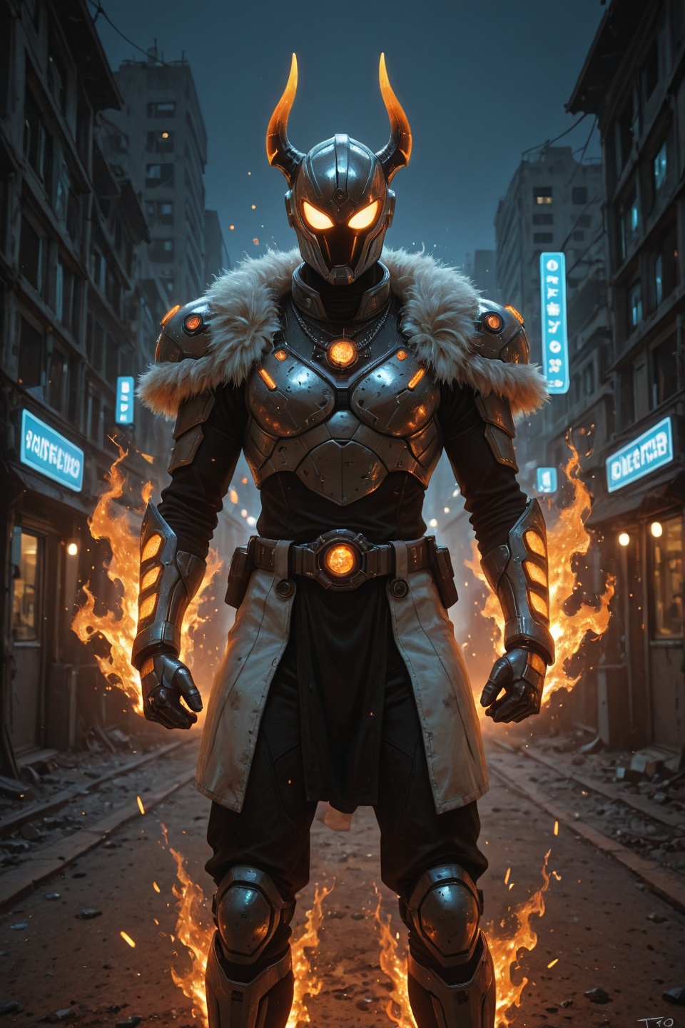A detailed digital illustration of a futuristic,  sci-fi character with a white helmet and orange accents,  wearing ornate...