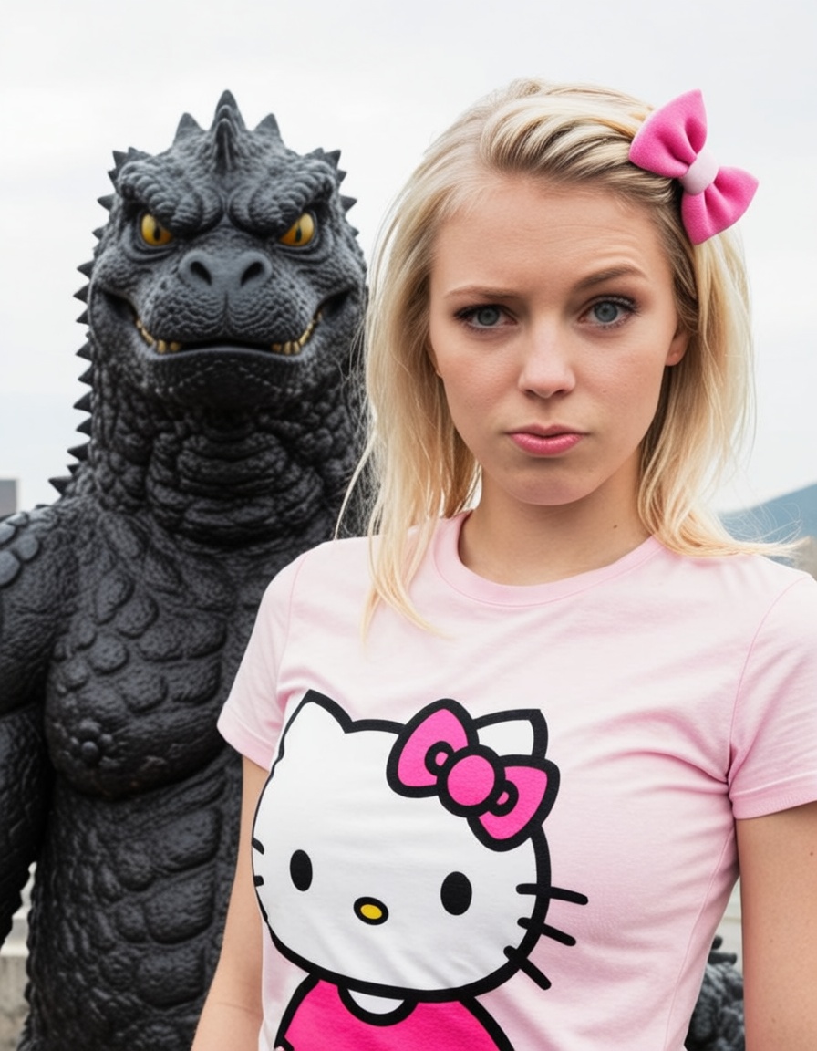 beautiful blonde girl with a pink hello kitty t-shirt,  godzilla in the background is judging you too on Tensor.Art