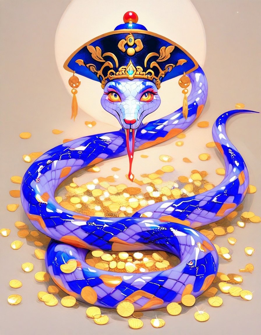 A cute red snake wearing a Chinese God of Wealth hat,  with big eyes and a happy expression. Gold coins are stackedaround...