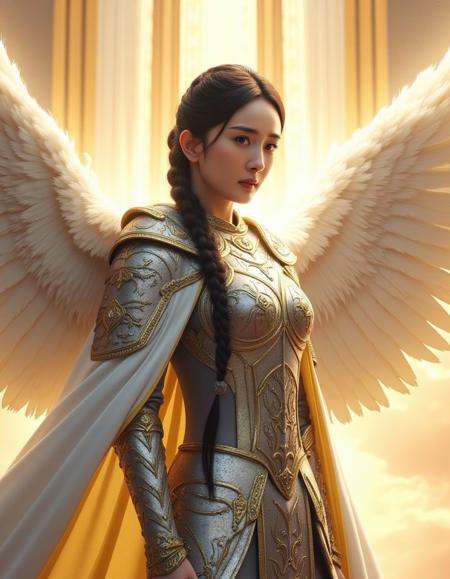 Photorealistic portrait of Yangmi Woman,  a divine angel with olive skin and silver armor that gleams under the sunlight....
