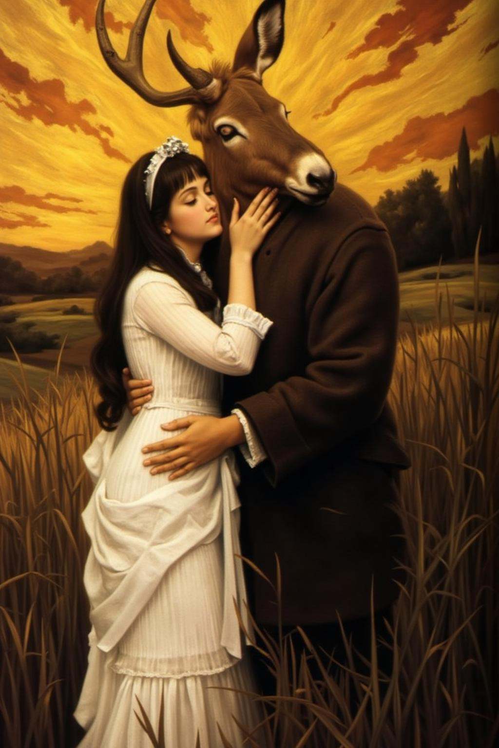 jati1 paintingA surreal,  dreamlike scene with a woman and an anthropomorphic donkey embracing. The woman,  with long on T...