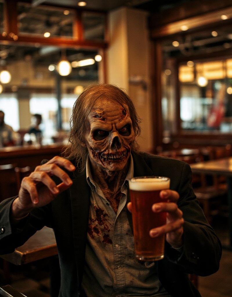 a zombie is holding a beer in a pub on Tensor.Art