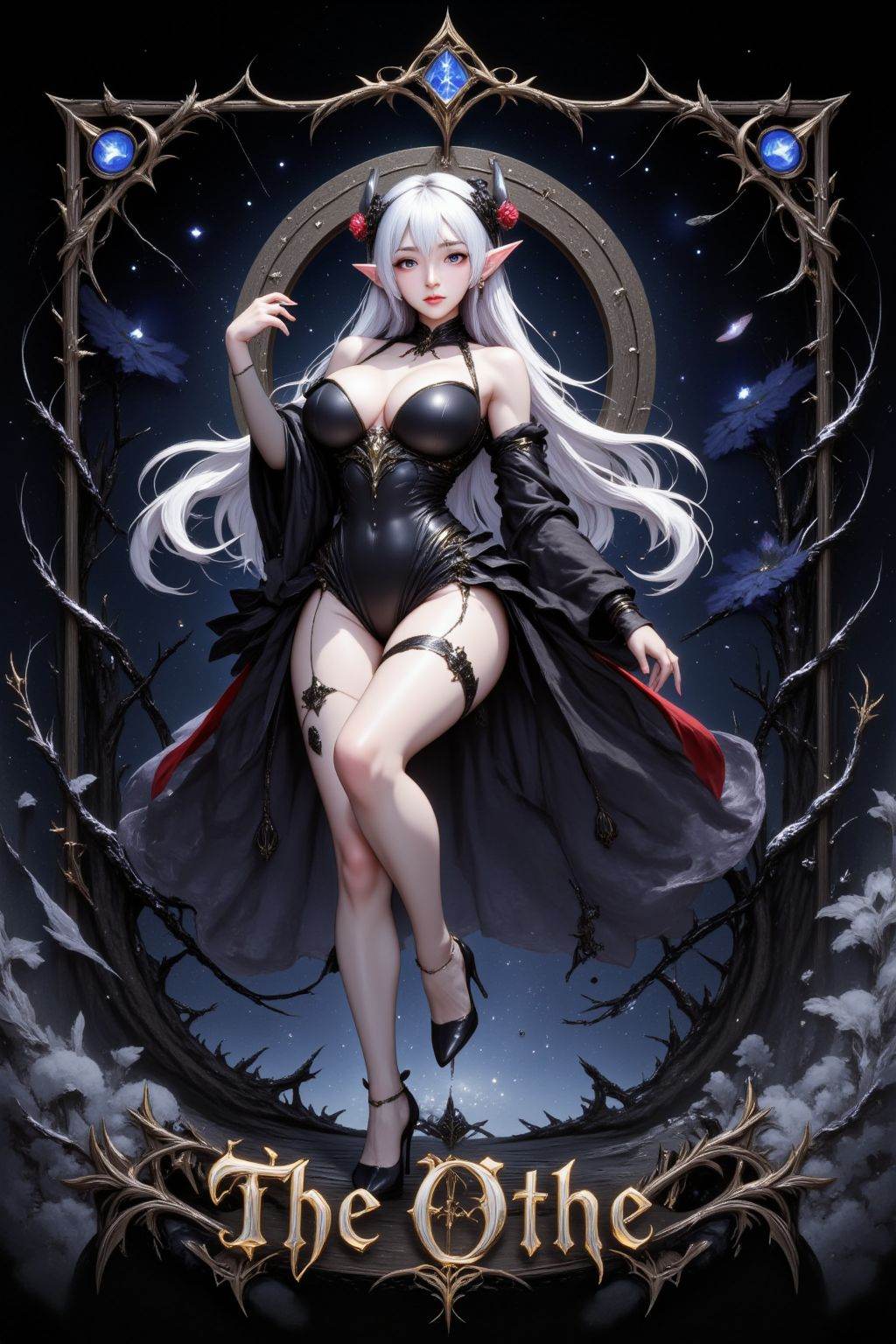 The image depicts a fantasy-themed artwork featuring a character with long white hair and pointed ears,  adorned with blac...