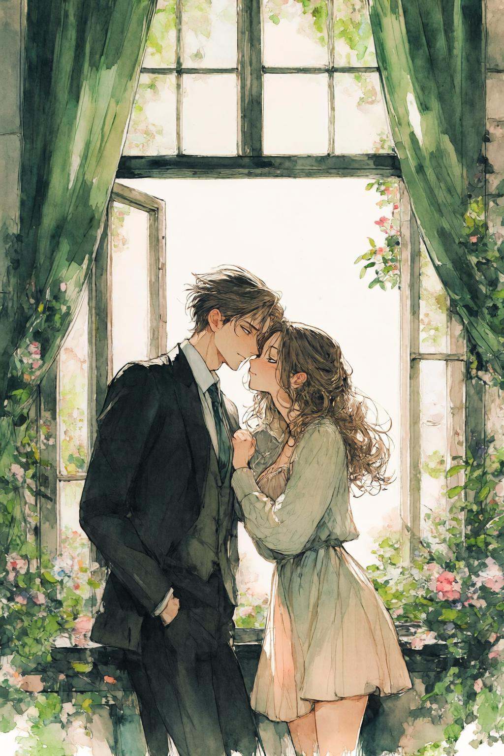 nijiwatercolor1q anime watercolor illustration.A man in a dark suit leans his head against a woman's cheek as they stand i...