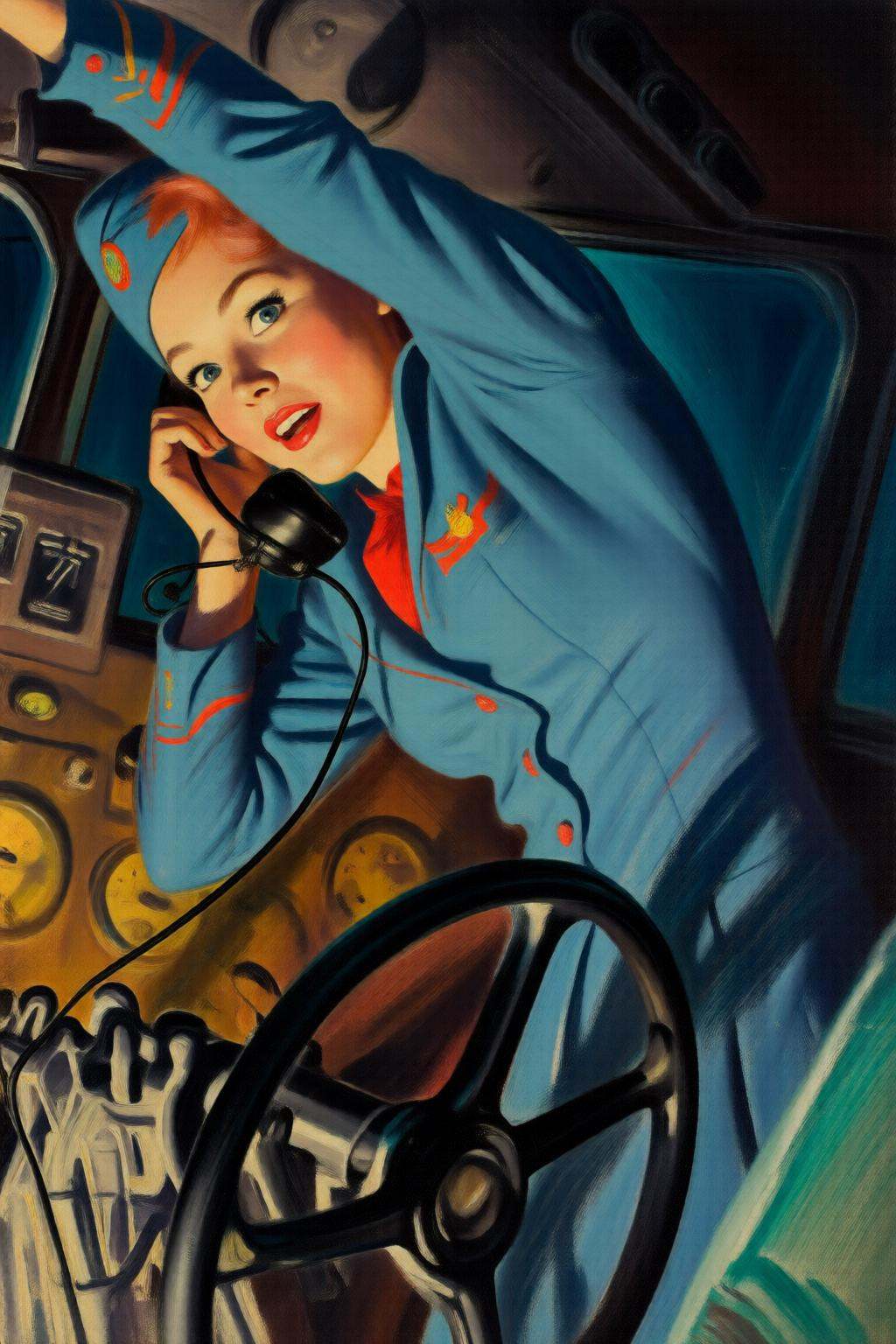 walterbaumhofer2q illustration. A woman dressed in a blue vintage stewardess uniform with red accents stands in the cockpi...