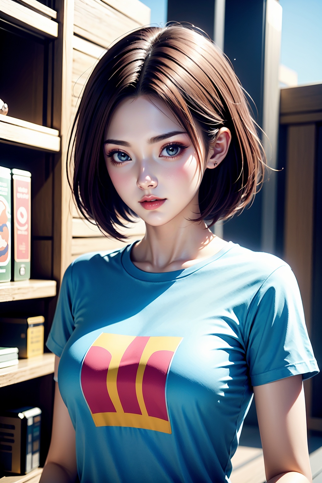 1girl,standing,upper body,(t-shirt:1.2),short hair,facial highlights,pure beauty,