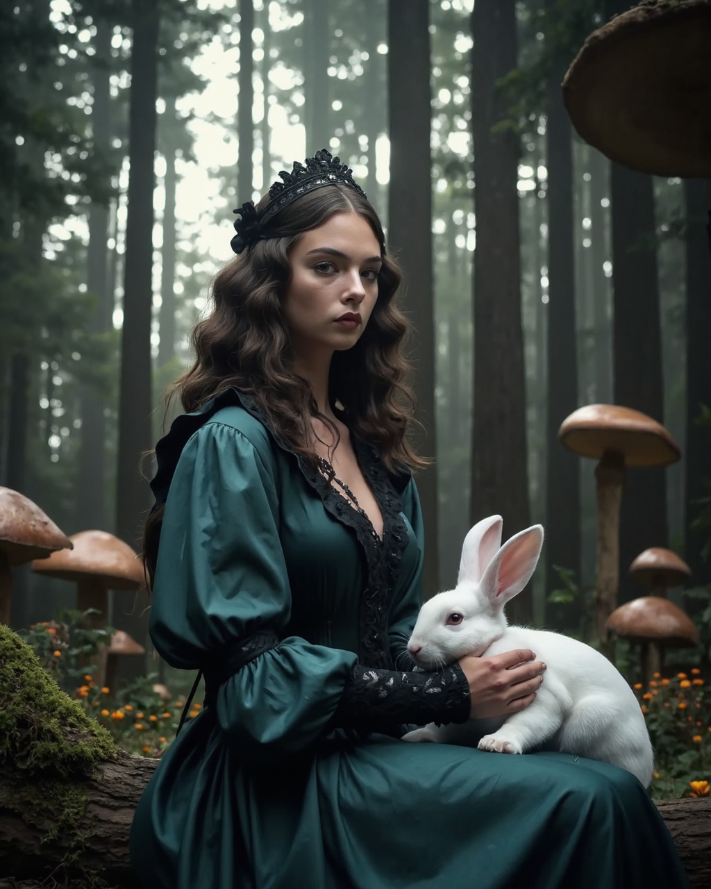 A highly detailed,  digitally rendered image depicting a fantastical scene in a forest. At the center,  deva_cassel with l...