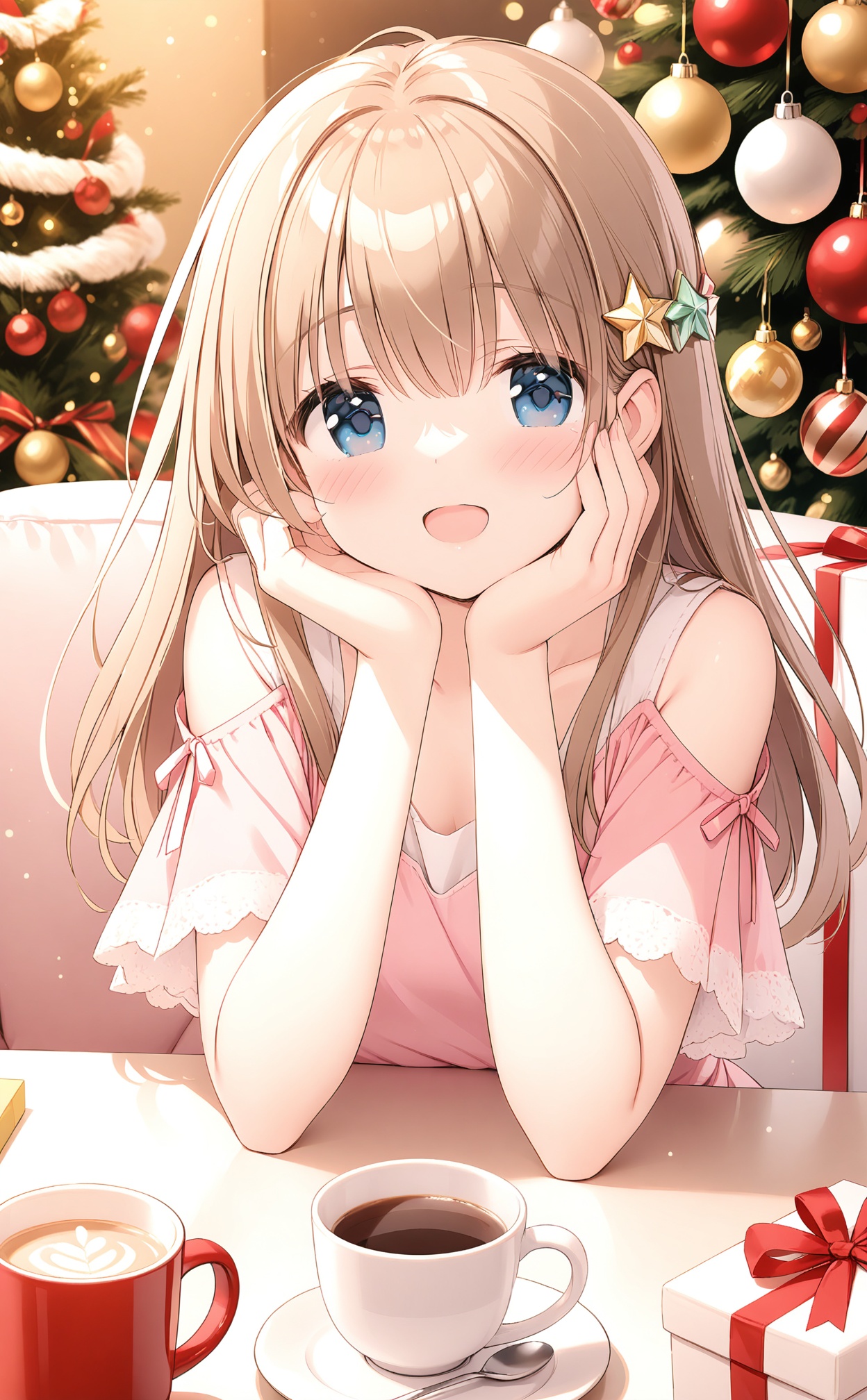 masterpiece,best quality,high quality,(colorful),1girl,christmas_tree,solo,gift,pink_shirt,blush,cup,gift_box,christmas,smile,long_hair,looking_at_viewer,shirt,hair_ornament,christmas_ornaments,blue_eyes,hair_between_eyes,box,open_mouth,mug,:d,brown_hair,short_sleeves,upper_body,head_rest,collarbone,hands_up,food,shoulder_cutout,