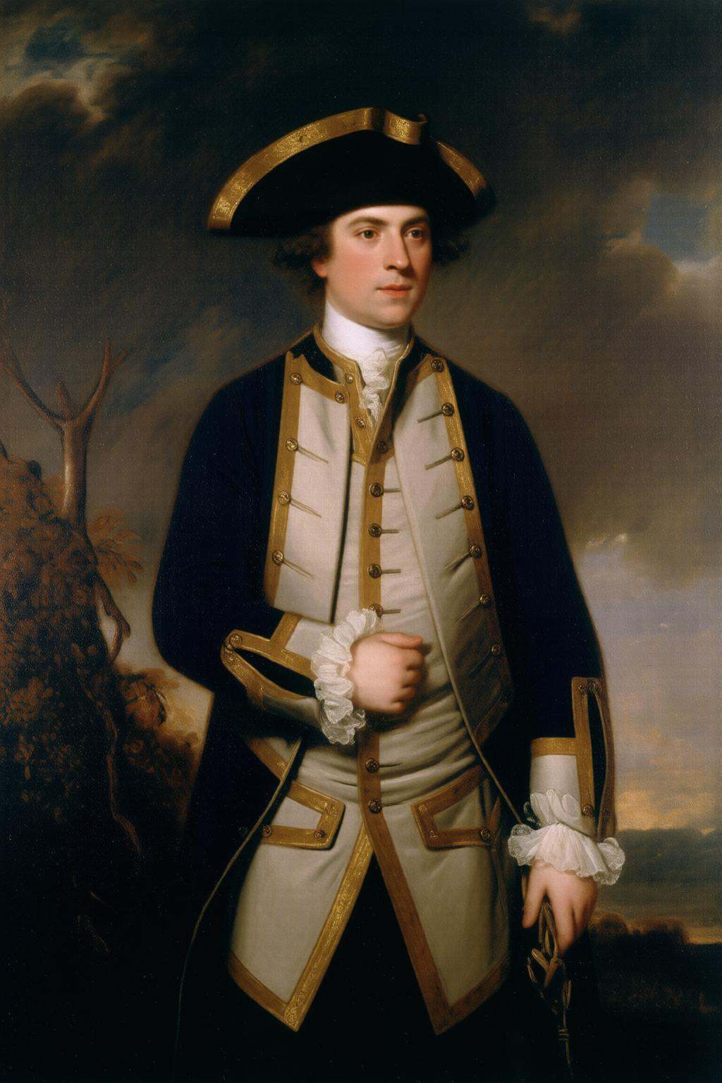 joshuareynolds2q painting.A man dressed in 18th-century naval officer attire,  set against a dramatic,  partly cloudy sky...